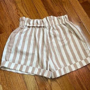 Girls Rolled Hem Striped Belted Shorts